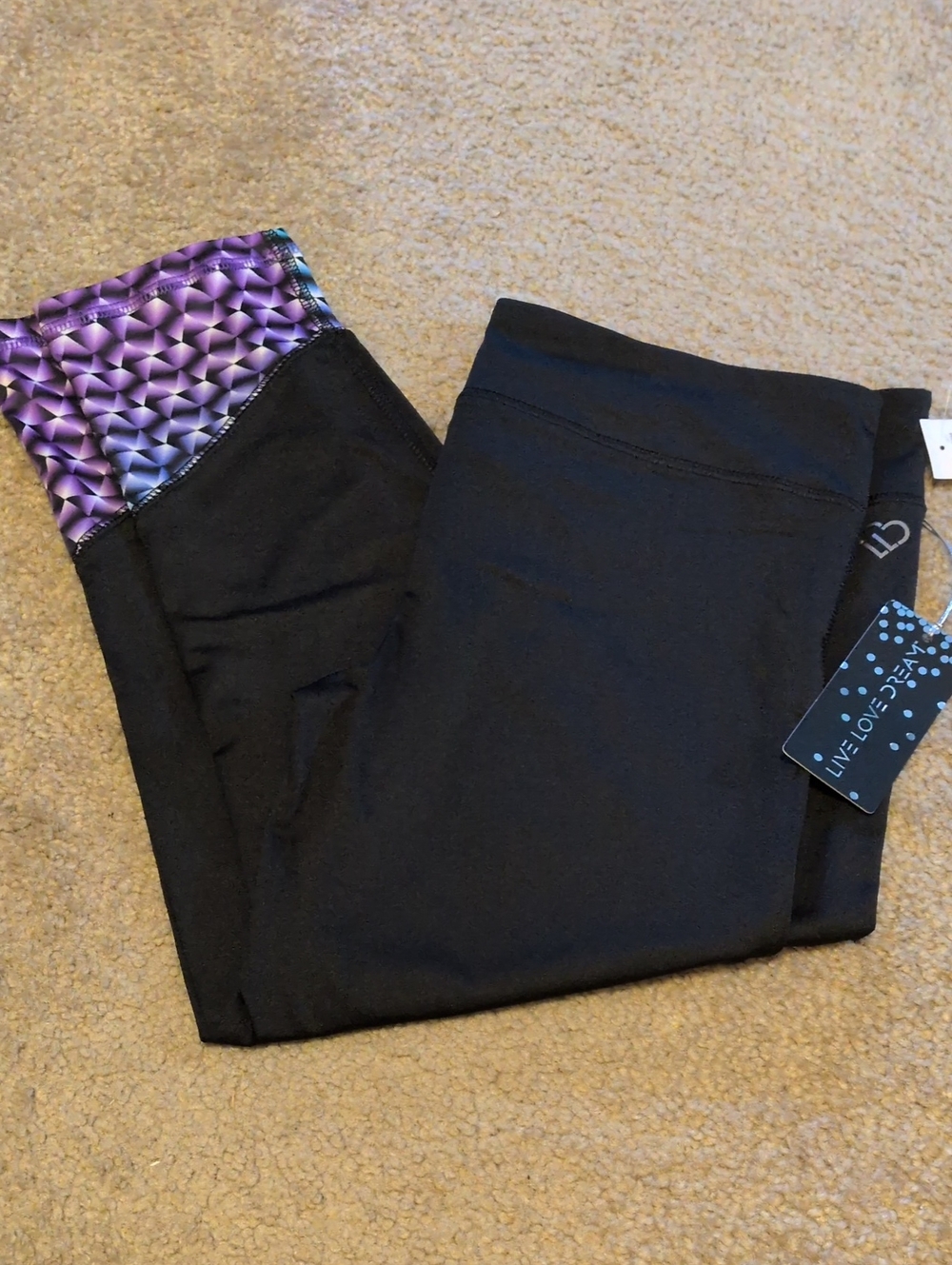 Women's Black Leggings with Purple Geometric Waistband Large Nwt